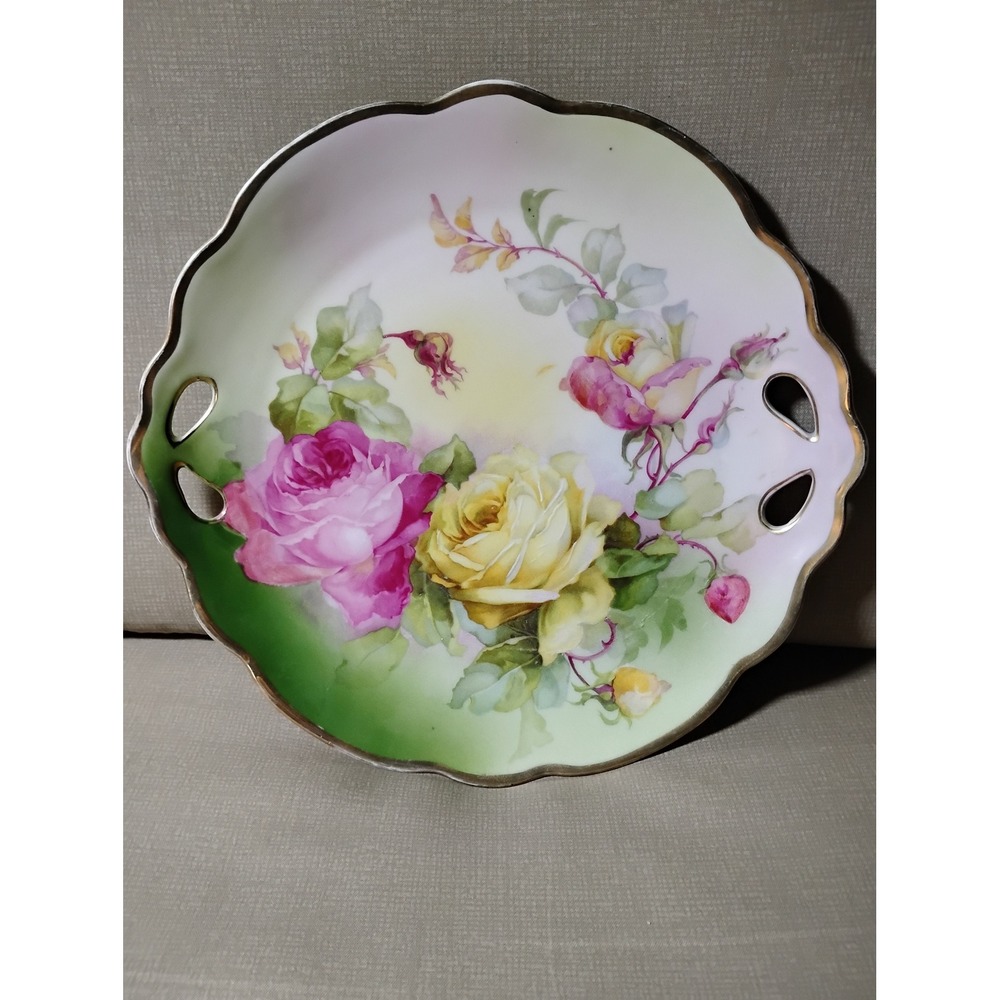 VTG Prince Regent Bavaria Rose Hand Painted Decorative Plate with Handles
